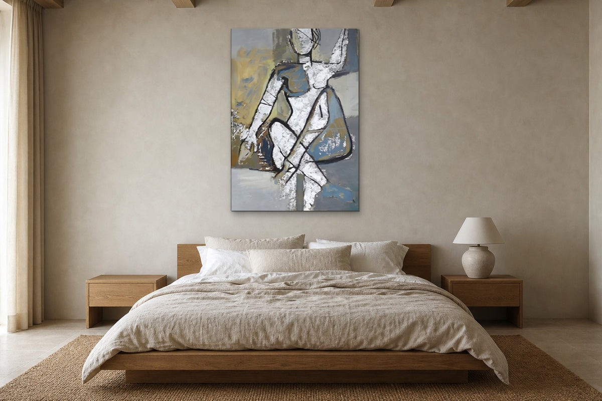 Seated Figure in Grey shown at 100 × 150 cm above a 180 cm oak bed