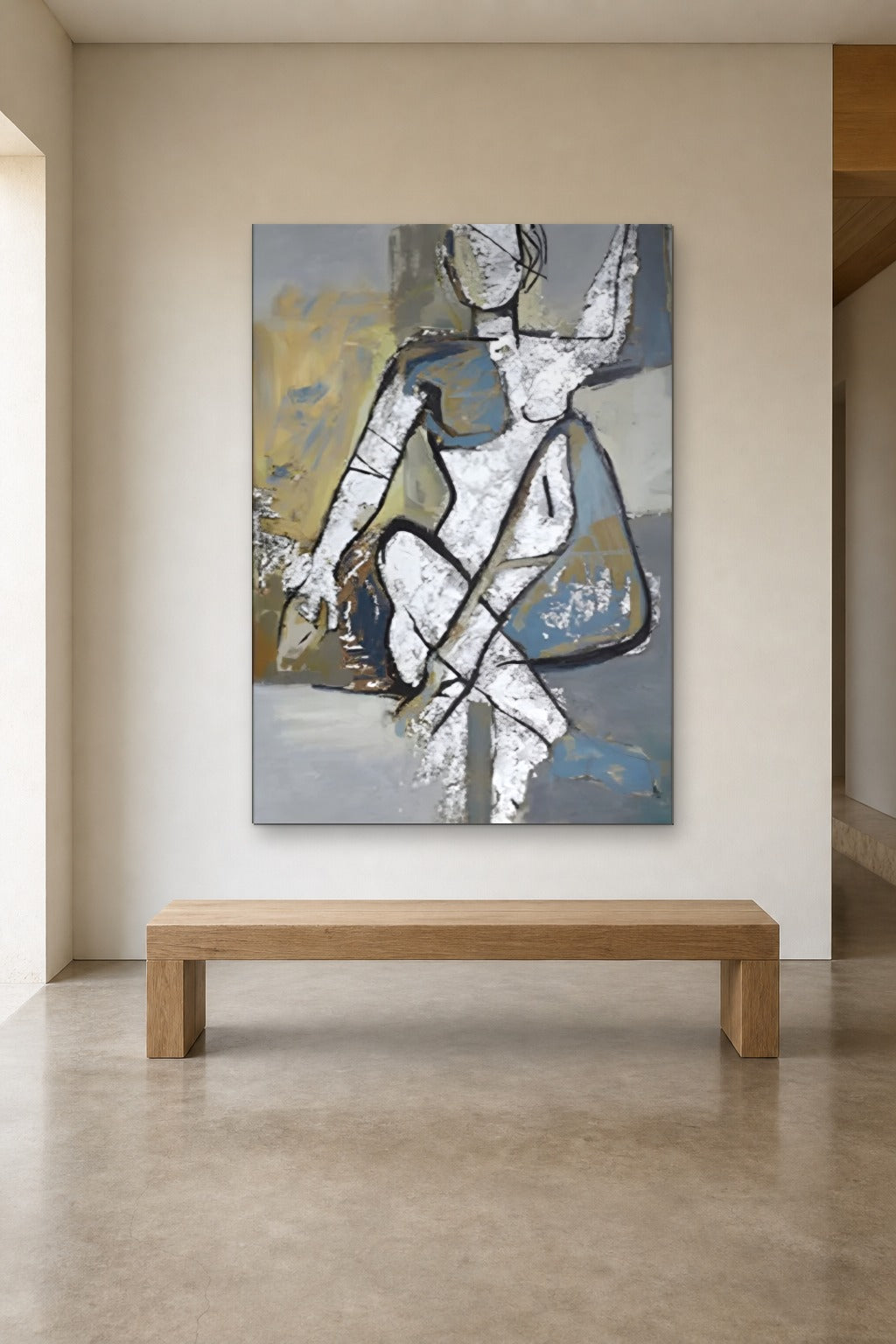 Seated Figure in Grey shown at 120 × 180 cm above a 180 cm oak bench