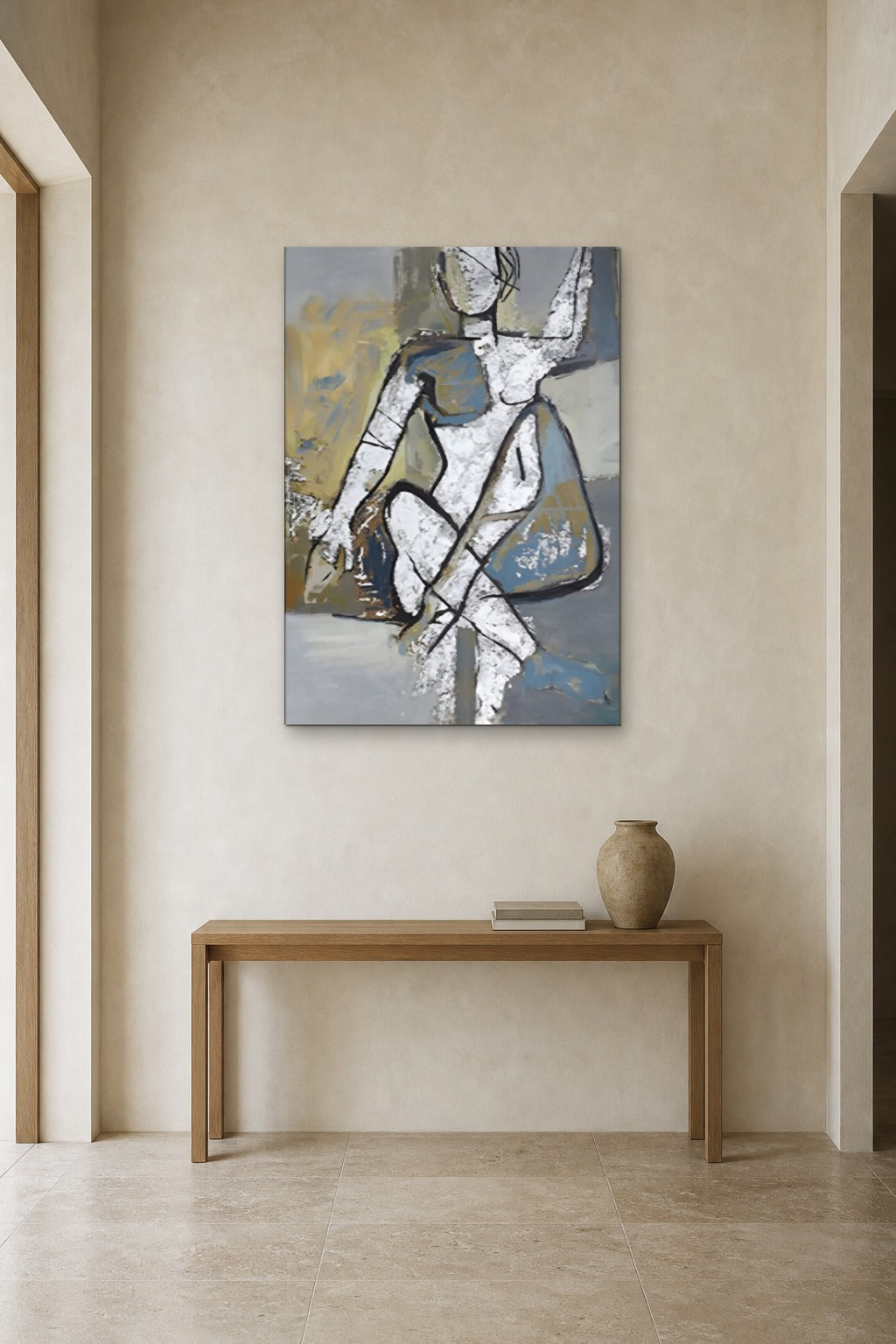 Seated Figure in Grey shown at 90 × 120 cm above a 140 cm oak console