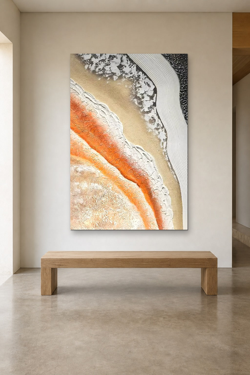 Coastline shown at 120 × 180 cm above a 180 cm oak bench