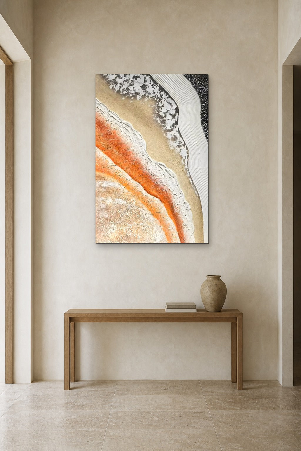 Coastline shown at 90 × 130 cm above a 140 cm oak console