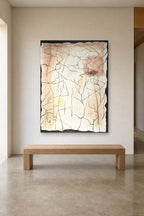 Cracked Earth shown at 120 × 180 cm above a 180 cm oak bench