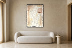 Cracked Earth shown at 90 × 130 cm above a 220 cm boucle sofa