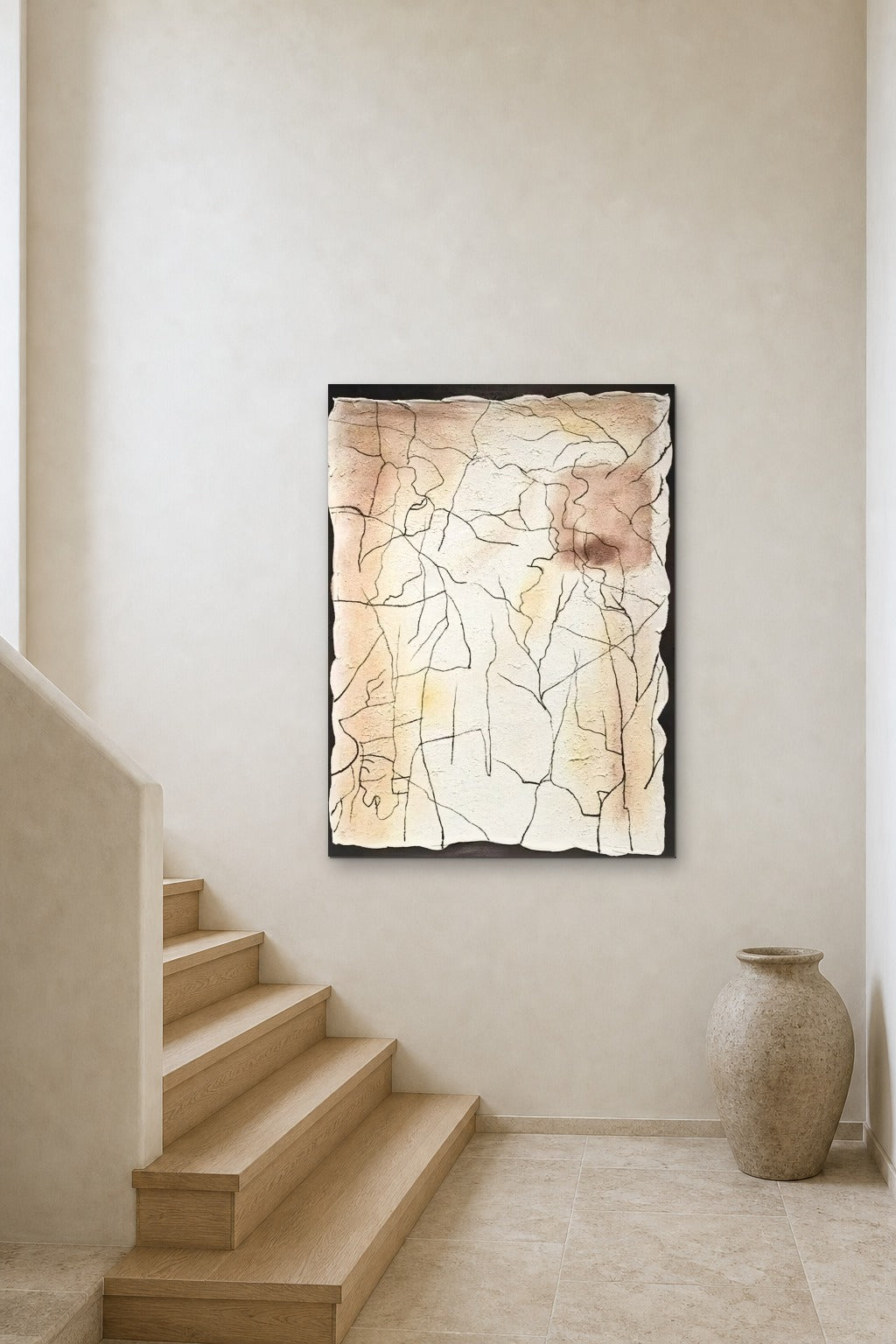 Cracked Earth shown at 90 × 130 cm above a stair landing