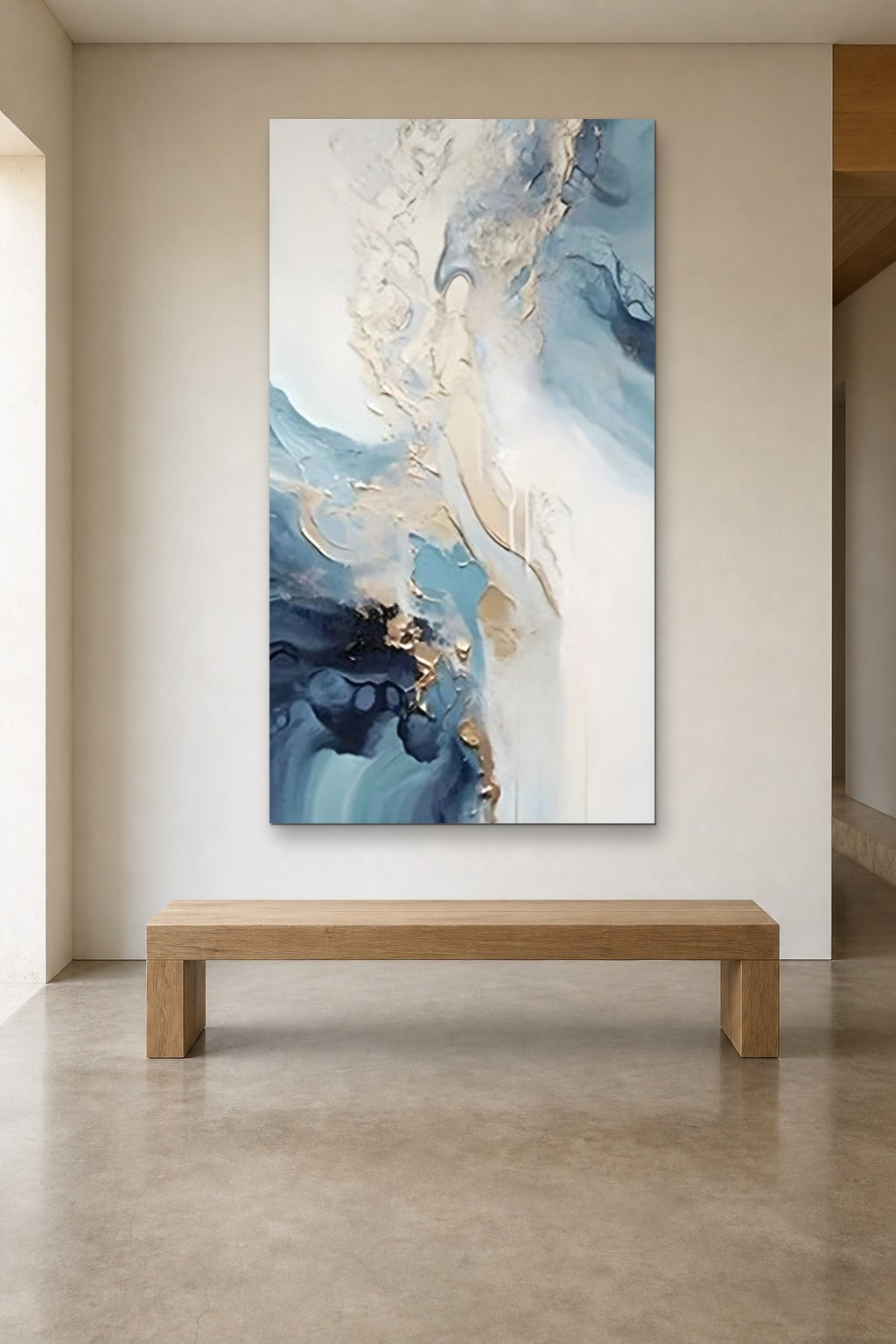 Tide Pool shown at 110 × 220 cm above a 180 cm oak bench