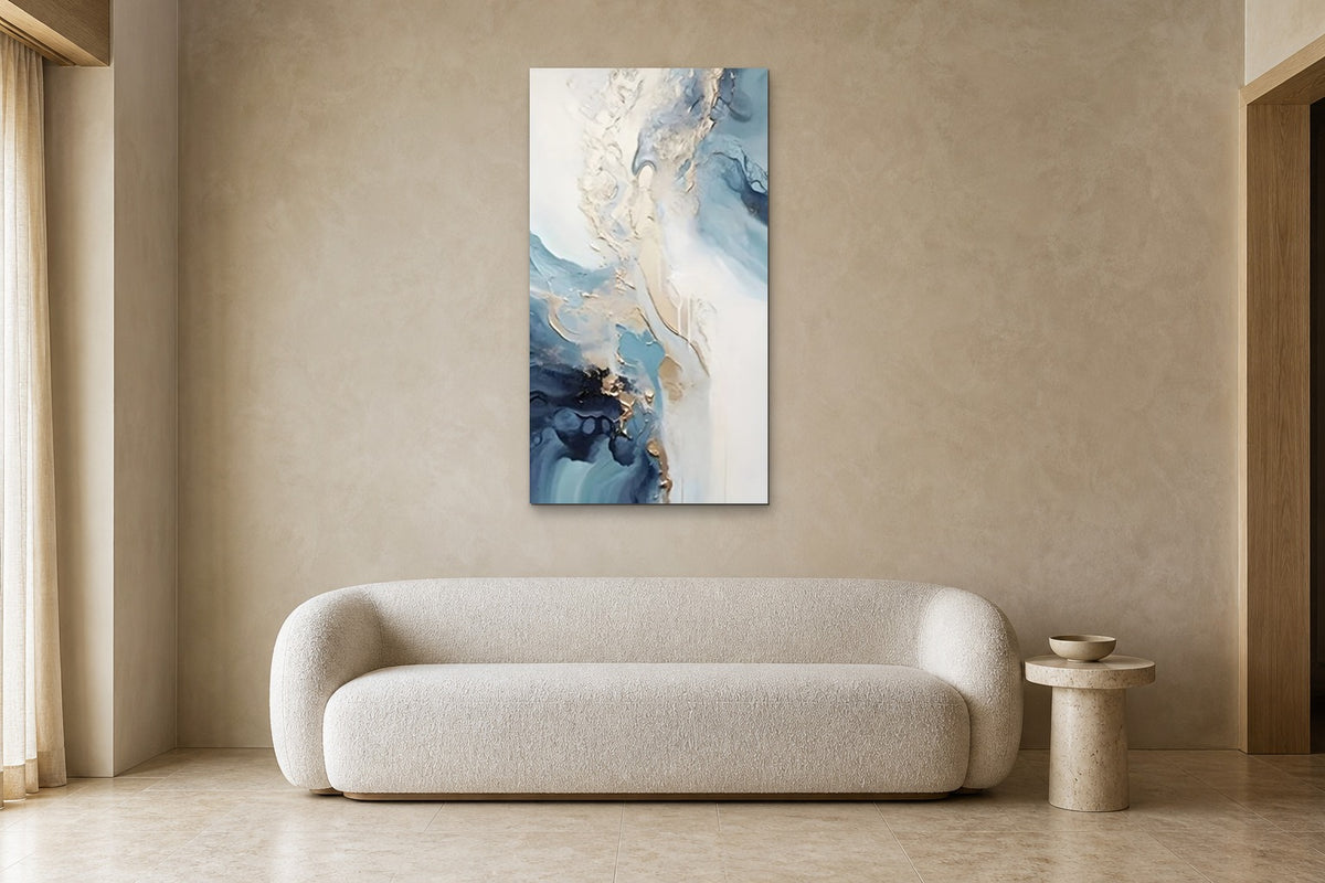 Tide Pool shown at 70 × 140 cm above a 220 cm boucle sofa