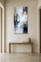 Midnight and Gold shown at 80 × 160 cm above a 140 cm oak console