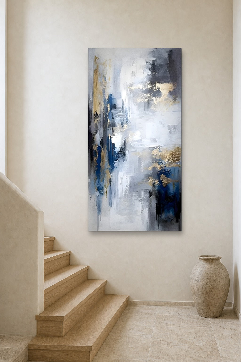 Midnight and Gold shown at 90 × 180 cm above a stair landing