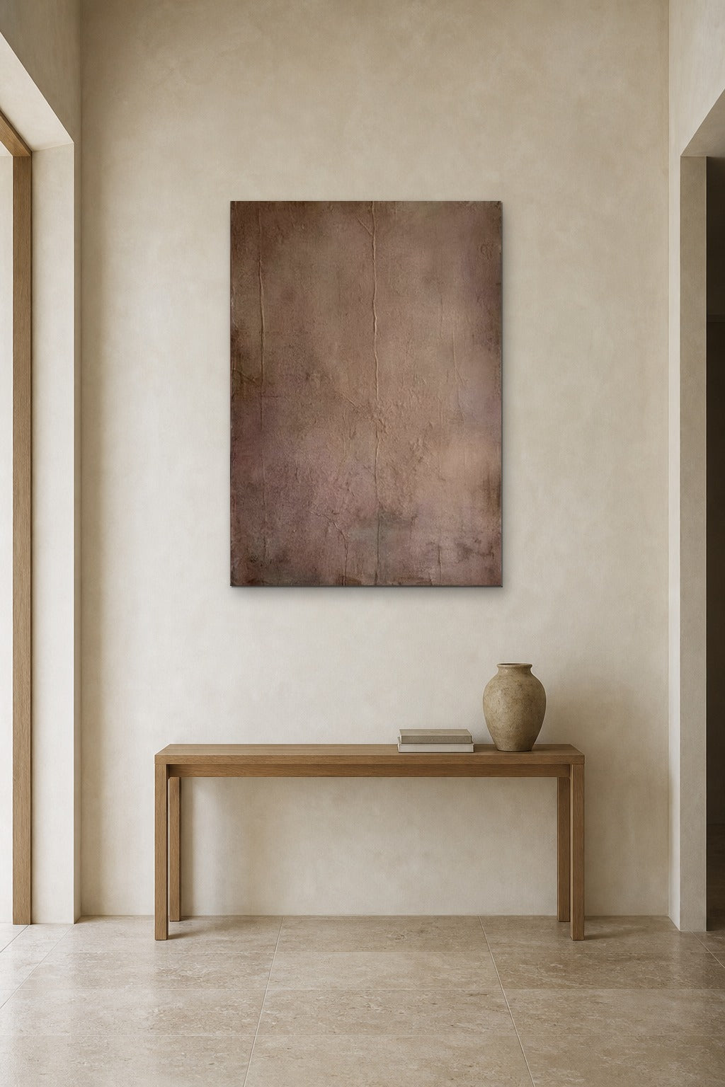 Umber Field shown at 90 × 140 cm above a 140 cm oak console