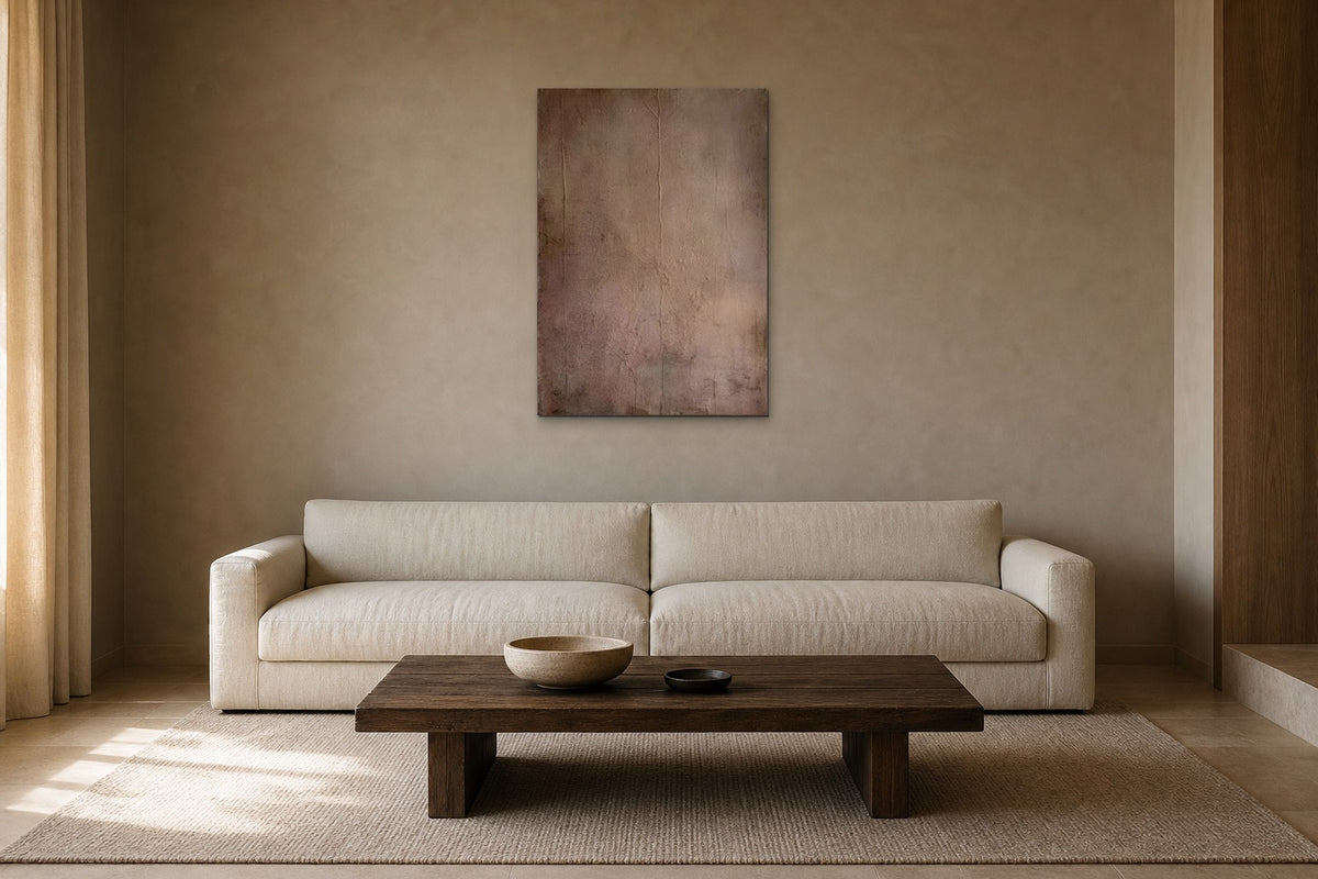 Umber Field shown at 60 × 80 cm above a 230 cm linen sofa