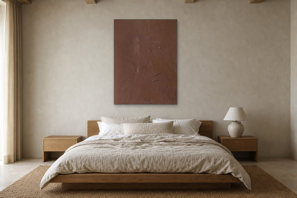 Cocoa Plaster shown at 100 × 140 cm above a 180 cm oak bed