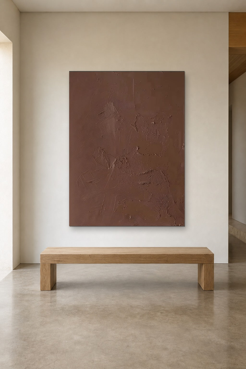 Cocoa Plaster shown at 120 × 160 cm above a 180 cm oak bench