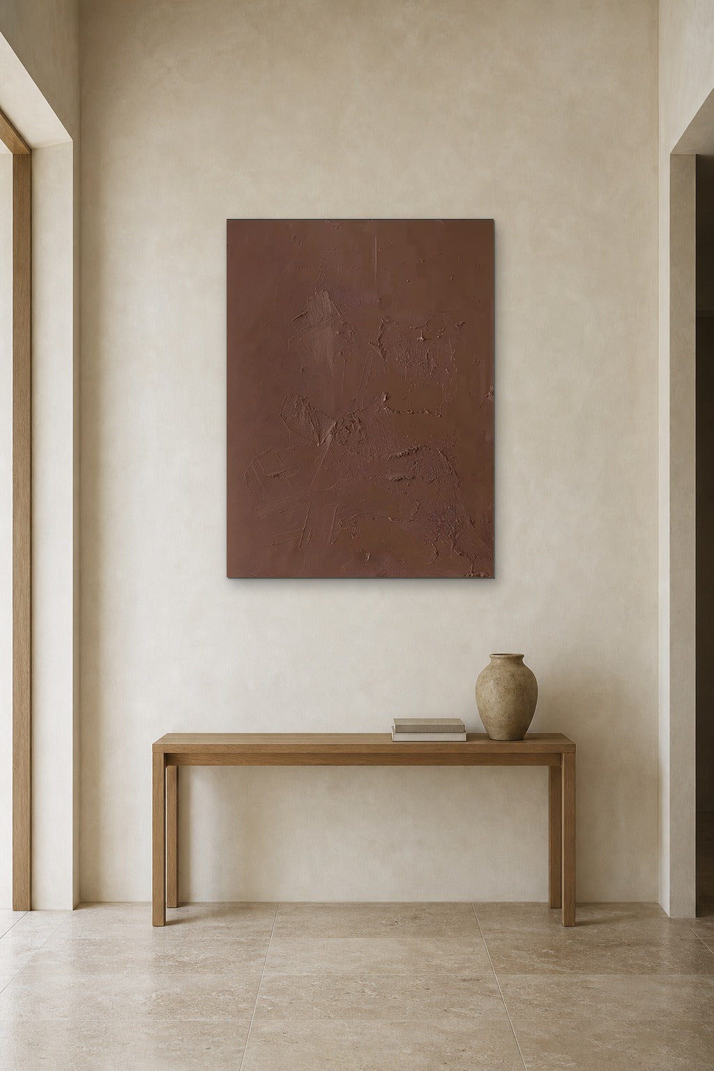Cocoa Plaster shown at 90 × 120 cm above a 140 cm oak console