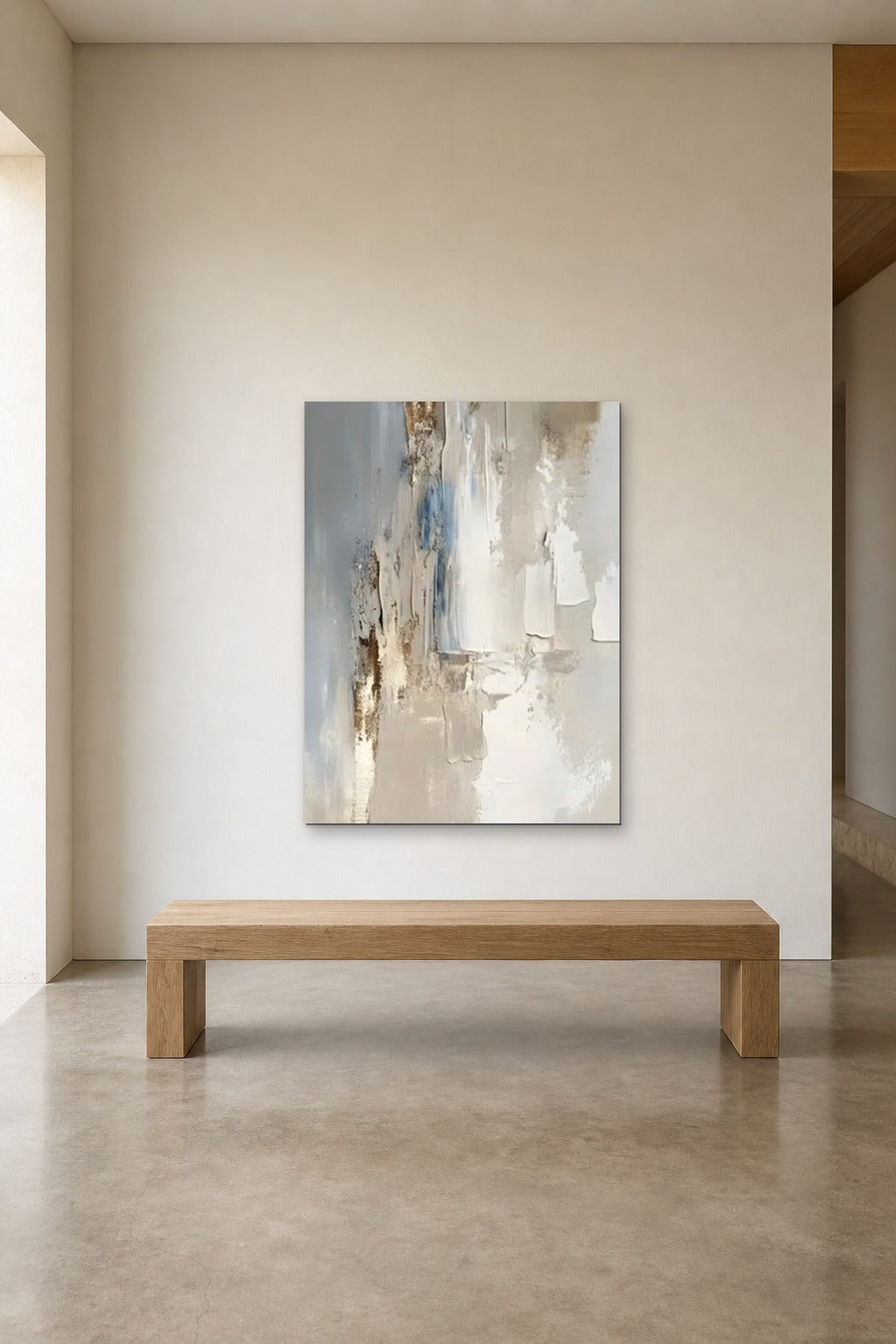 Driftwood shown at 90 × 120 cm above a 180 cm oak bench