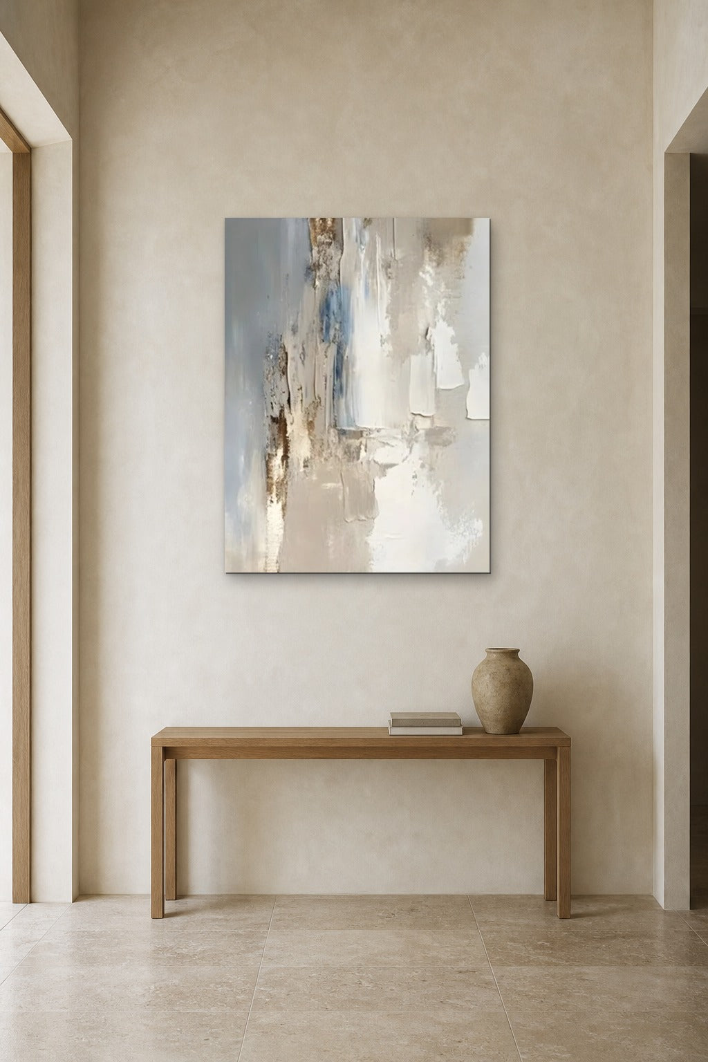 Driftwood shown at 90 × 120 cm above a 140 cm oak console