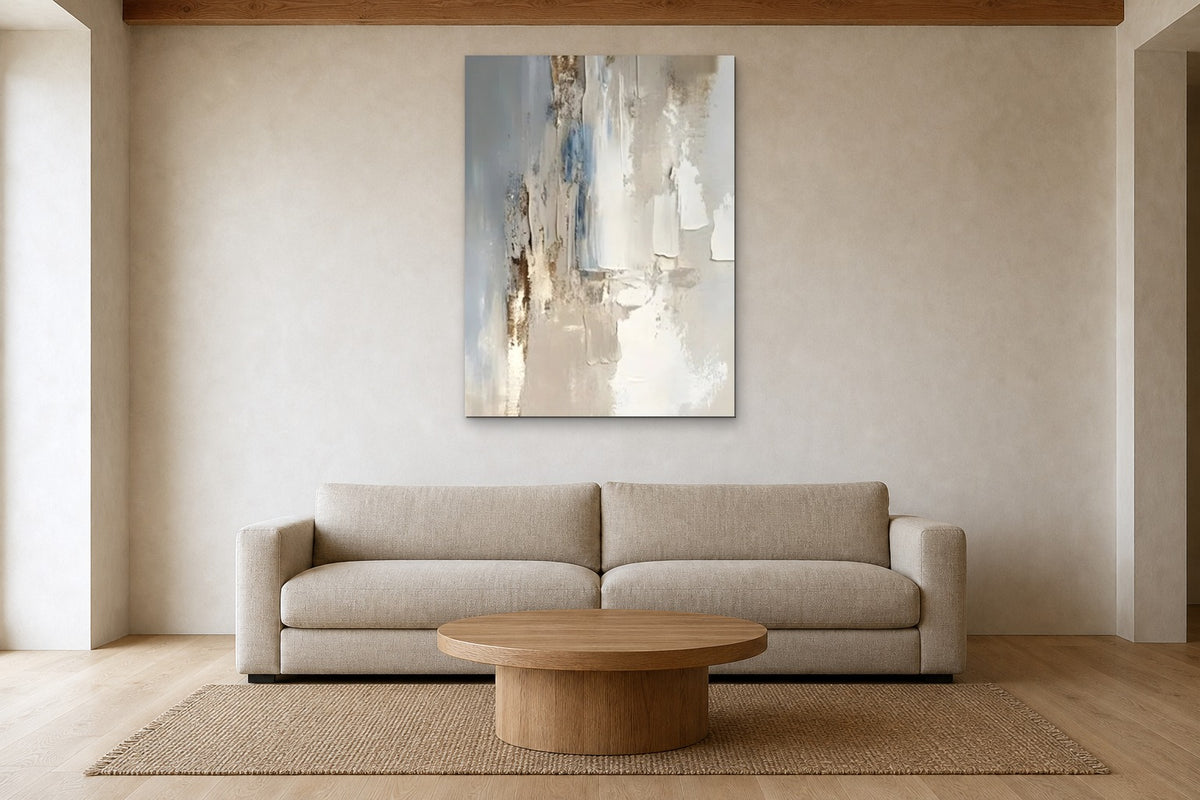 Driftwood shown at 90 × 120 cm above a 240 cm linen sofa