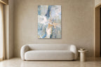 Blue Marble shown at 90 × 130 cm above a 220 cm boucle sofa
