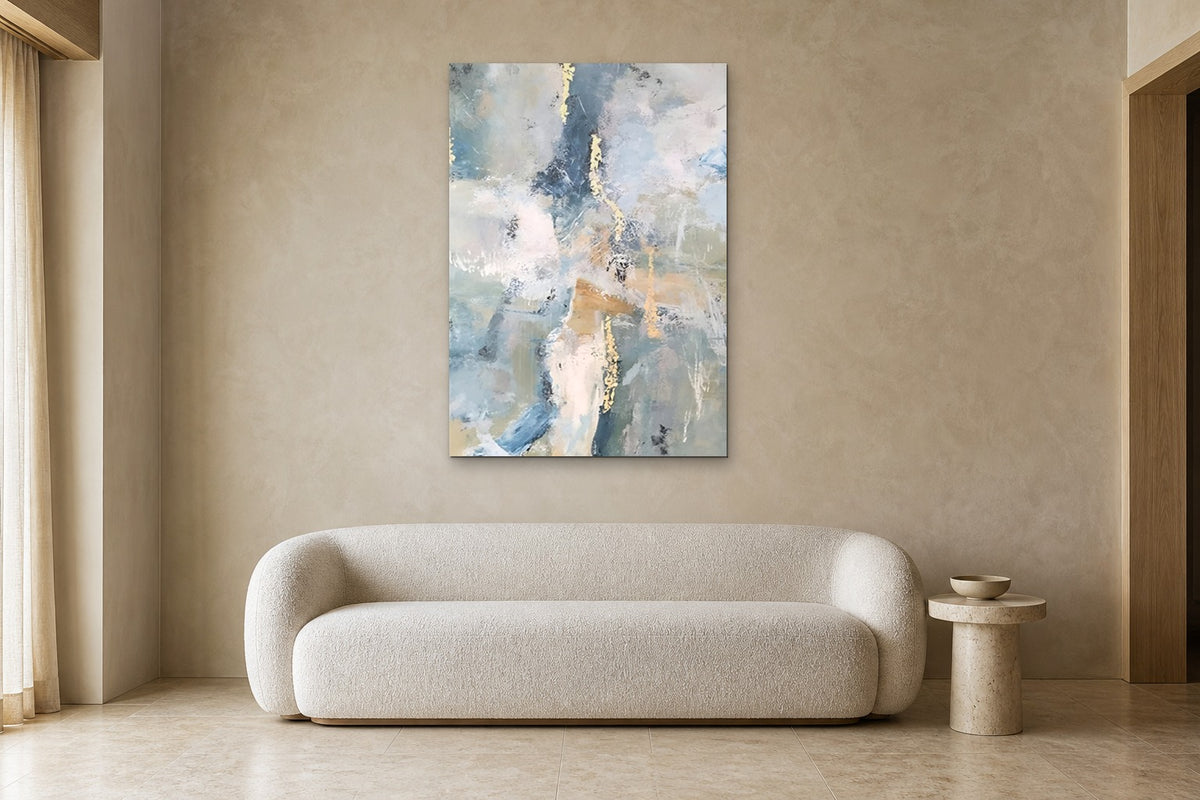 Blue Marble shown at 90 × 130 cm above a 220 cm boucle sofa