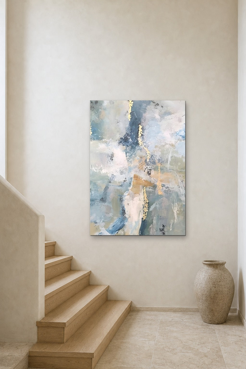 Blue Marble shown at 90 × 130 cm above a stair landing