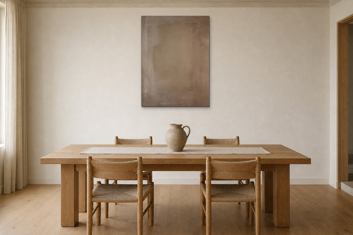 Taupe Square shown at 50 × 70 cm above a 200 cm oak dining table