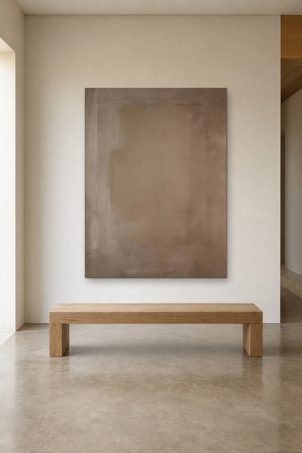 Taupe Square shown at 120 × 160 cm above a 180 cm oak bench