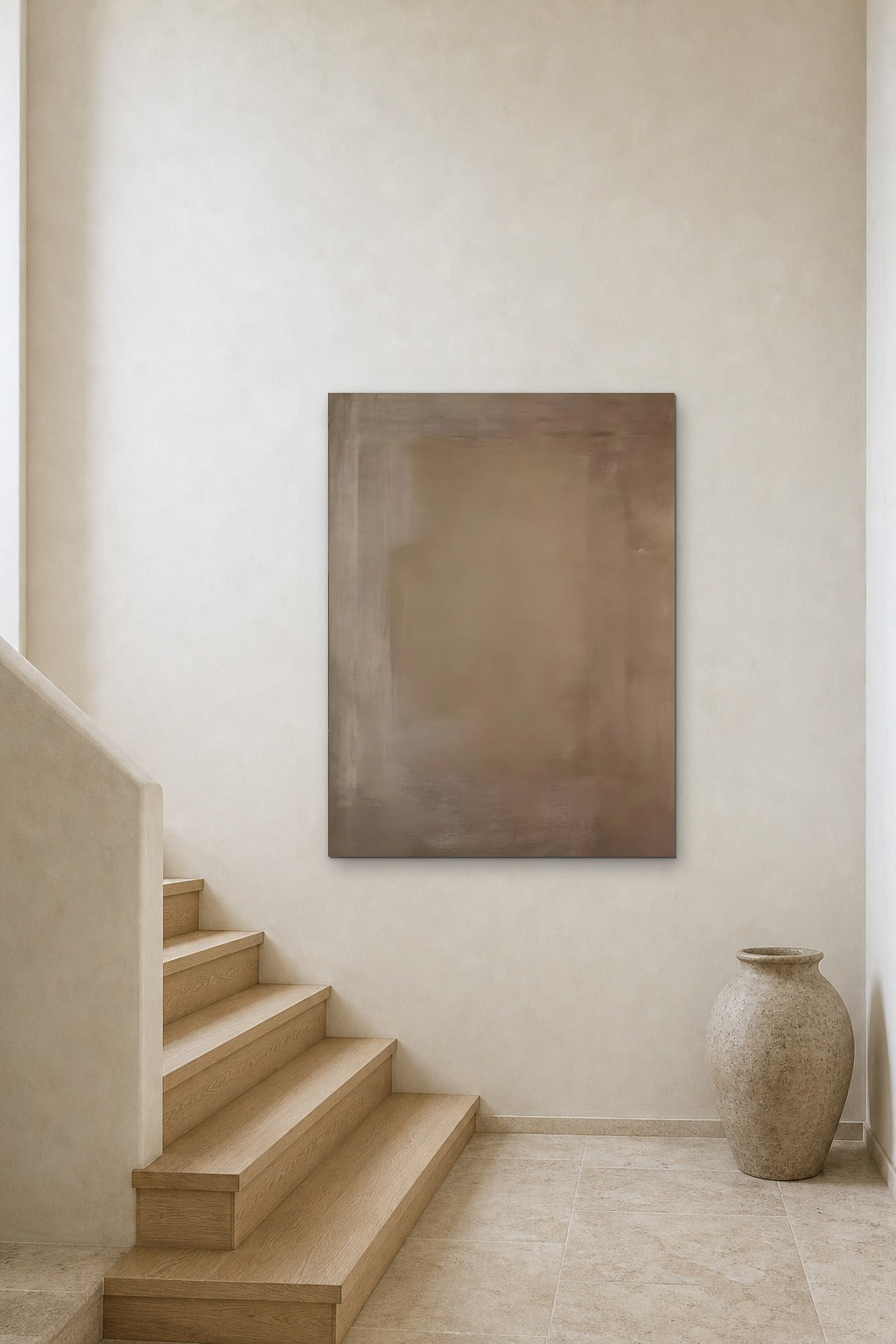 Taupe Square shown at 90 × 120 cm above a stair landing