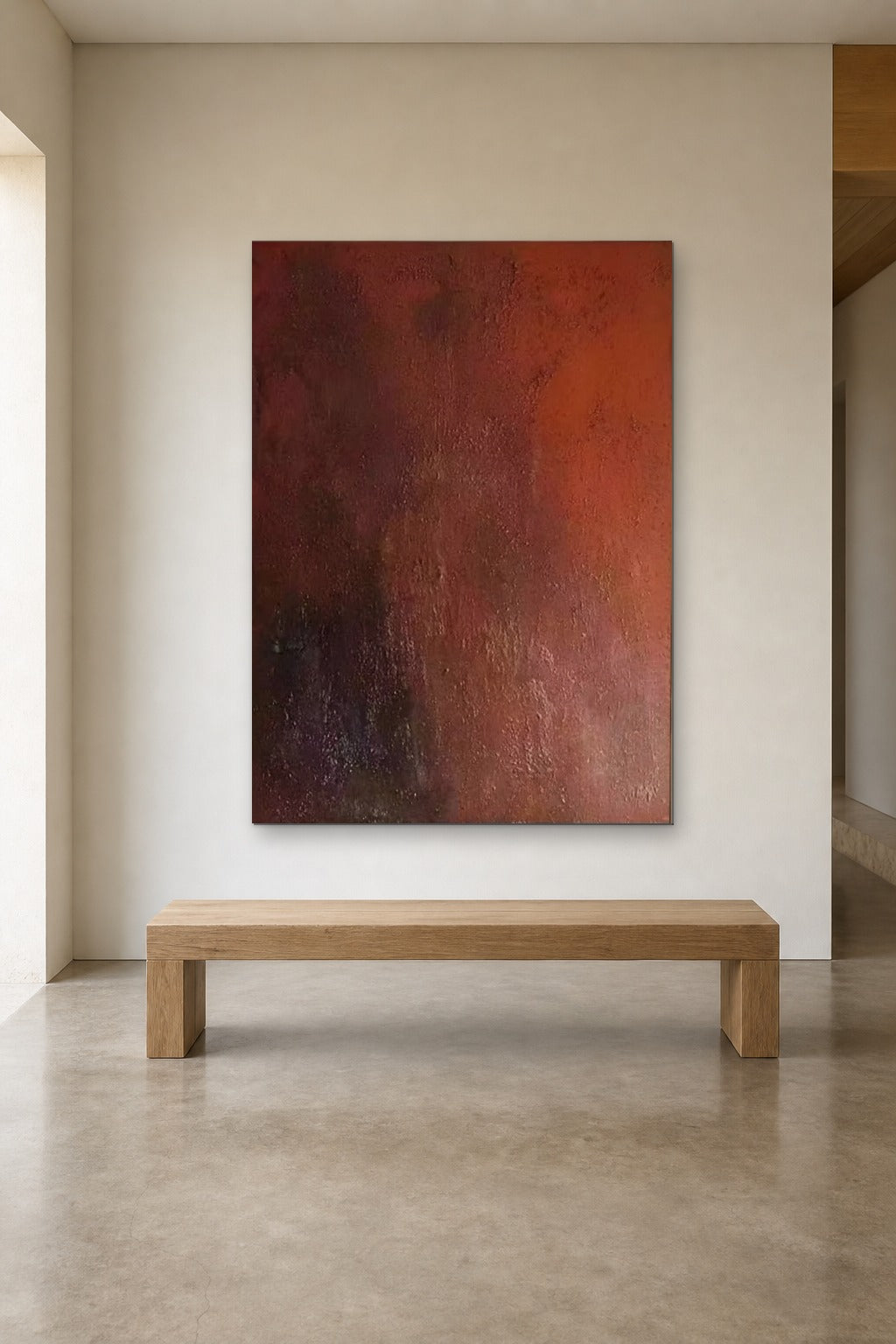 Rust Dusk shown at 120 × 160 cm above a 180 cm oak bench