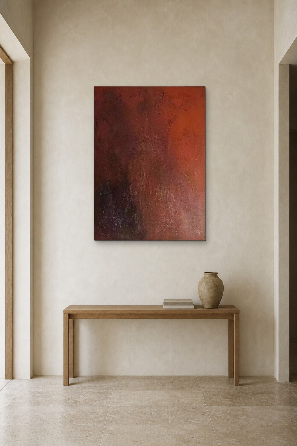 Rust Dusk shown at 90 × 120 cm above a 140 cm oak console