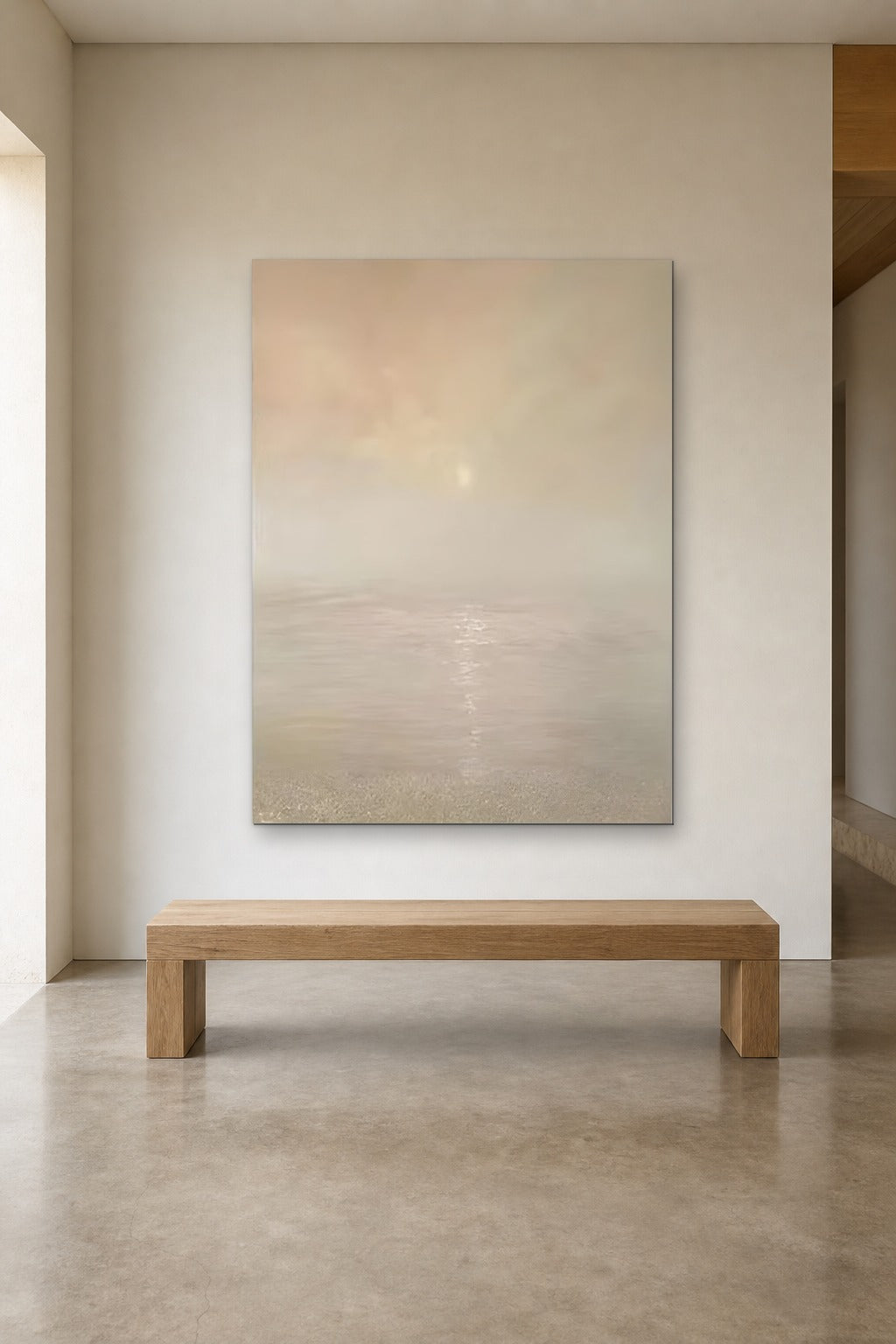 Pale Sun shown at 120 × 160 cm above a 180 cm oak bench