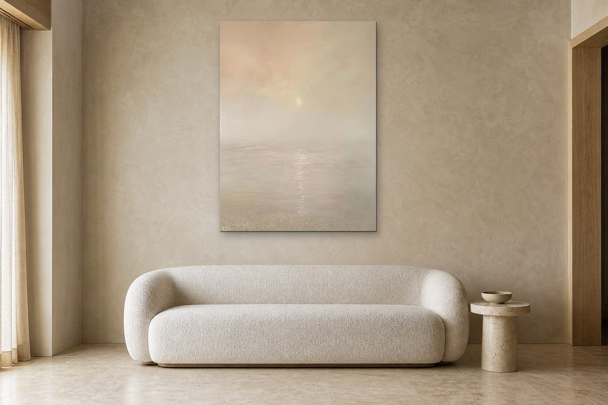 Pale Sun shown at 100 × 140 cm above a 220 cm boucle sofa