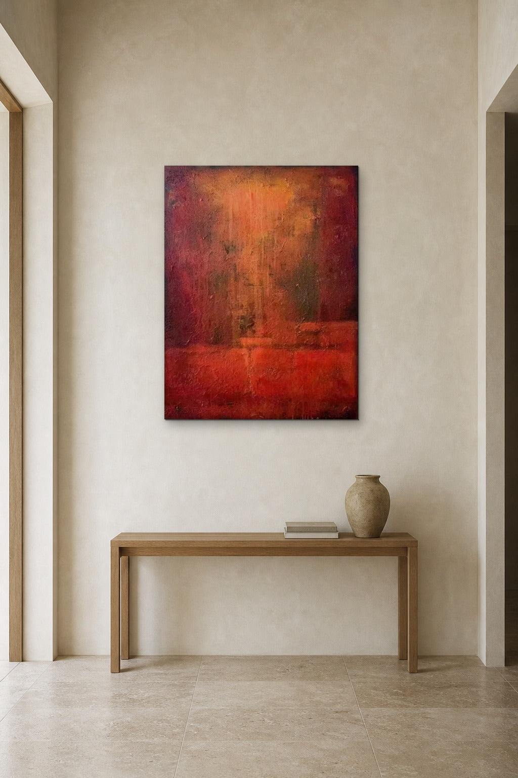 Red Horizon shown at 90 × 120 cm above a 140 cm oak console
