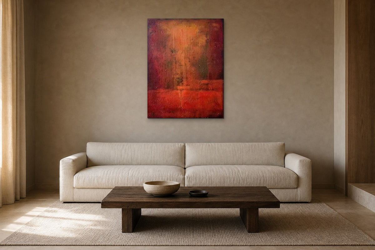 Red Horizon shown at 70 × 100 cm above a 230 cm linen sofa