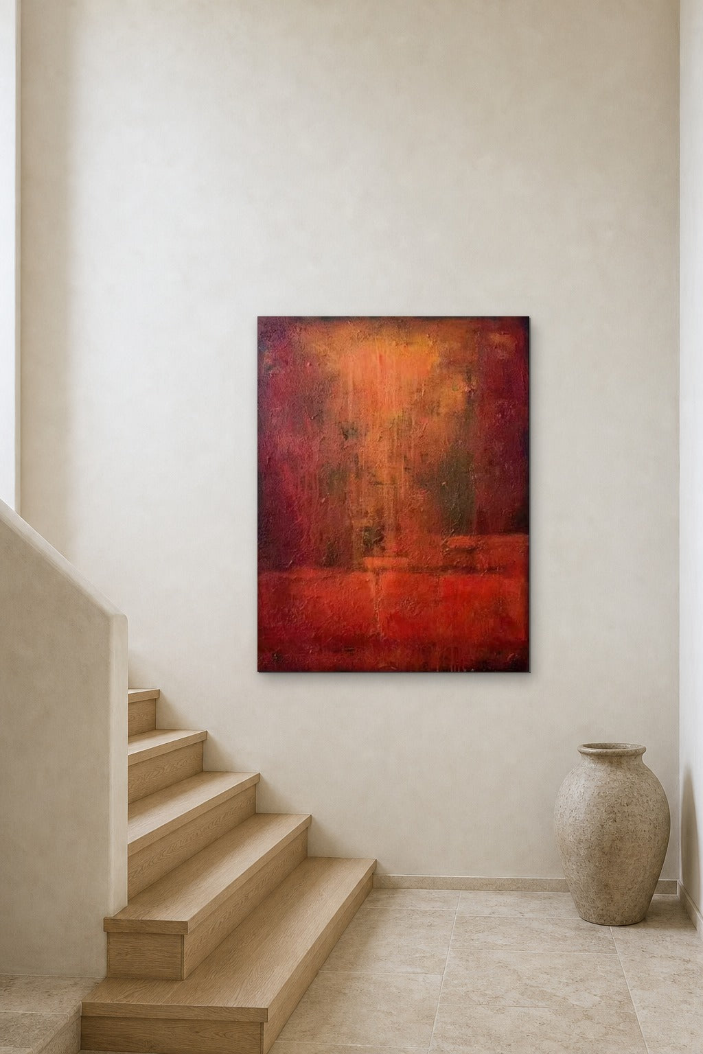 Red Horizon shown at 90 × 120 cm above a stair landing