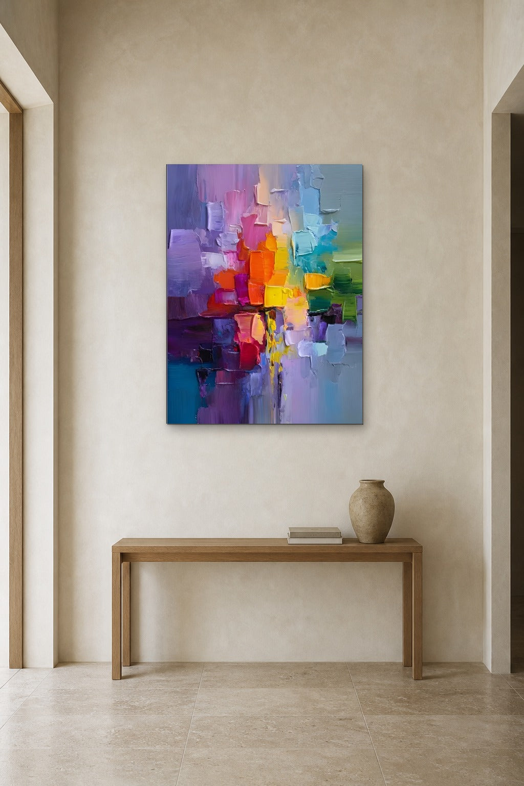 Violet Reflection shown at 90 × 130 cm above a 140 cm oak console