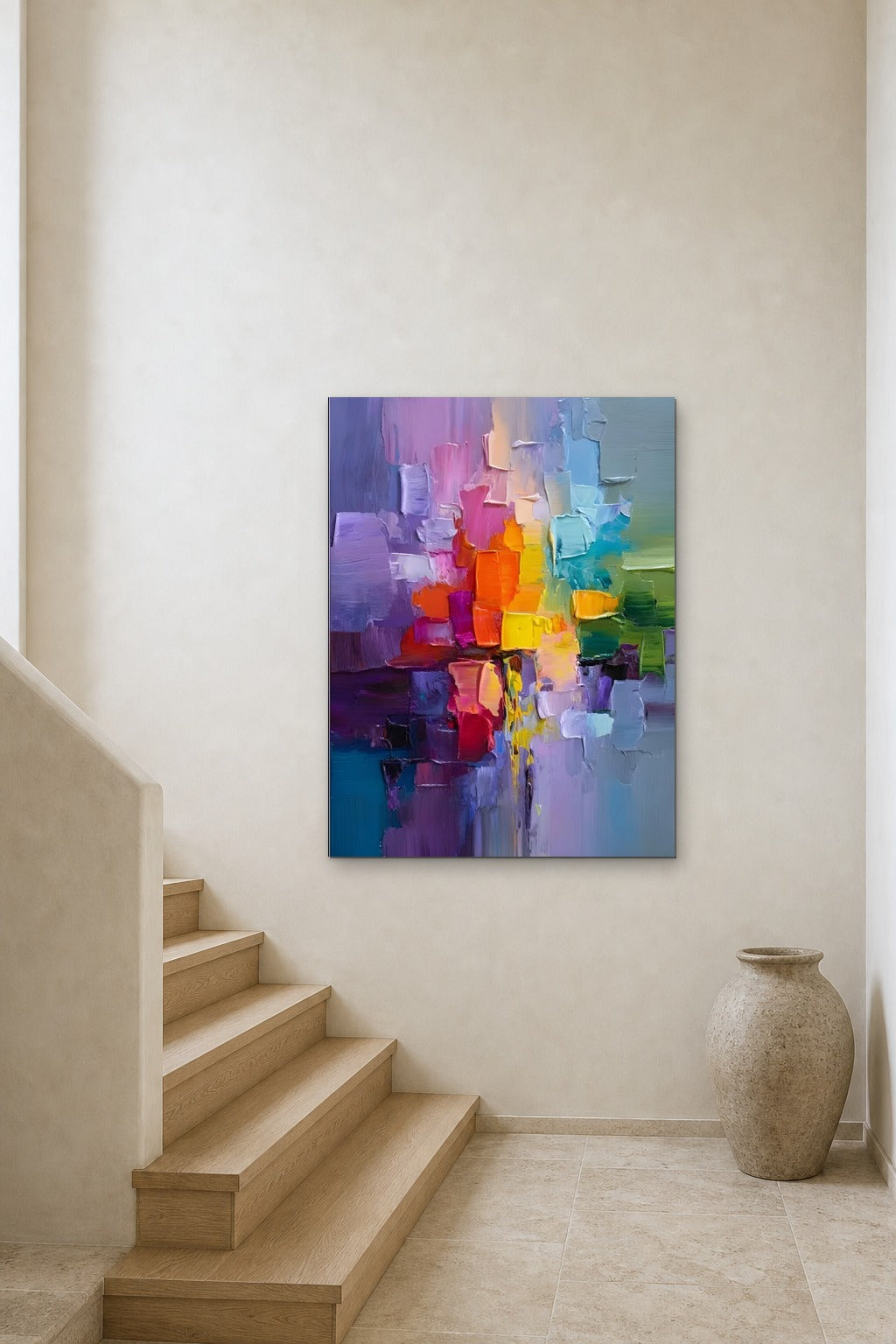 Violet Reflection shown at 90 × 130 cm above a stair landing