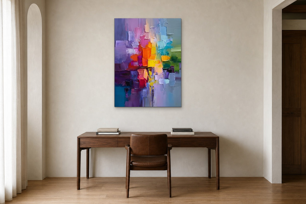 Violet Reflection shown at 75 × 100 cm above a 160 cm walnut desk