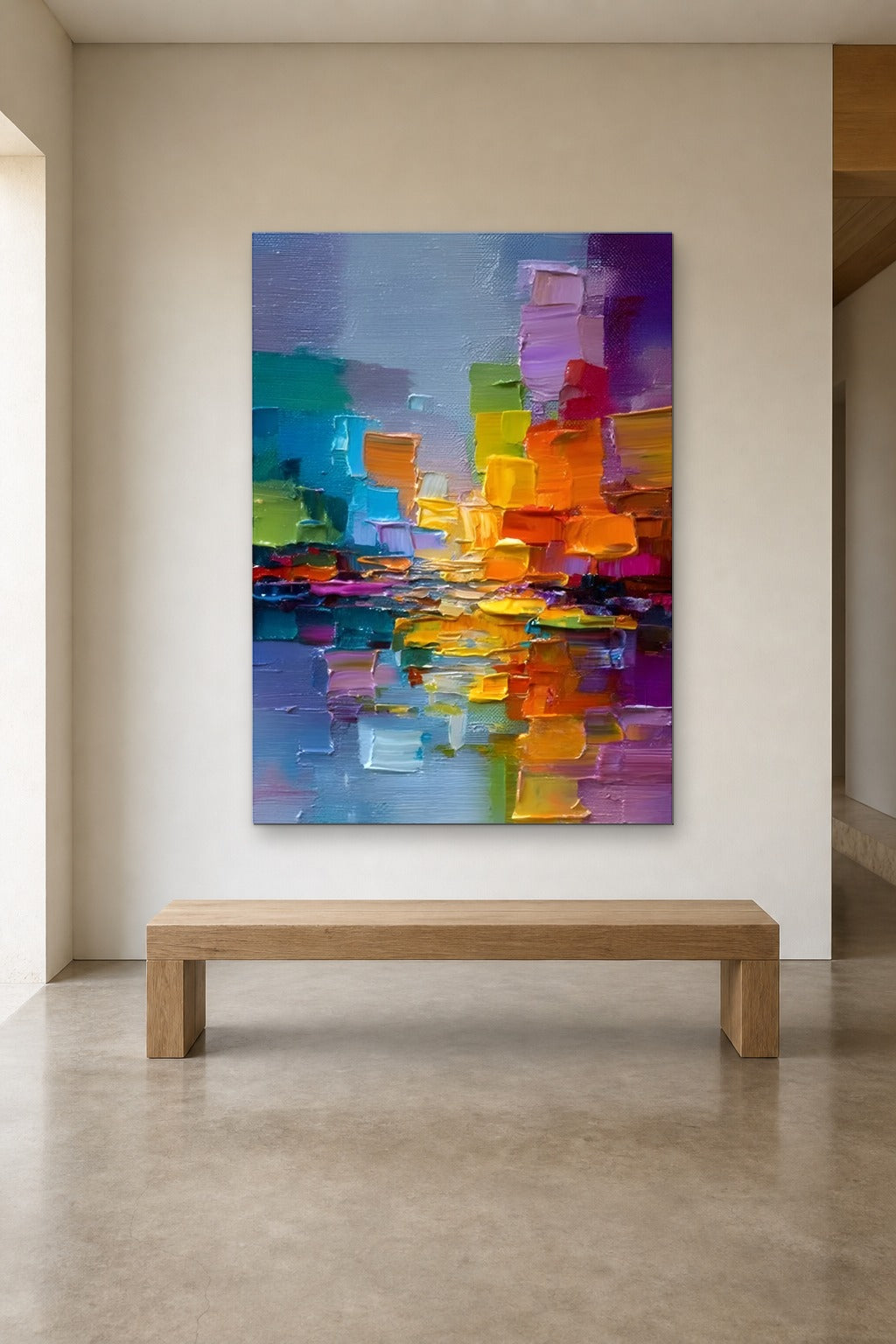 Harbour Lights shown at 120 × 180 cm above a 180 cm oak bench