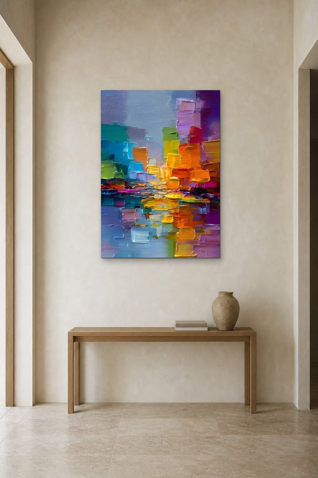 Harbour Lights shown at 90 × 120 cm above a 140 cm oak console