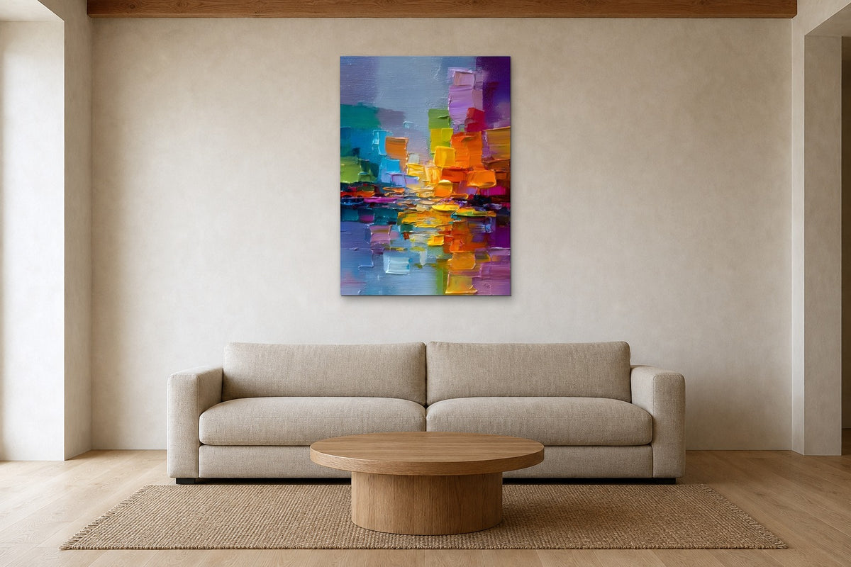 Harbour Lights shown at 80 × 120 cm above a 240 cm linen sofa
