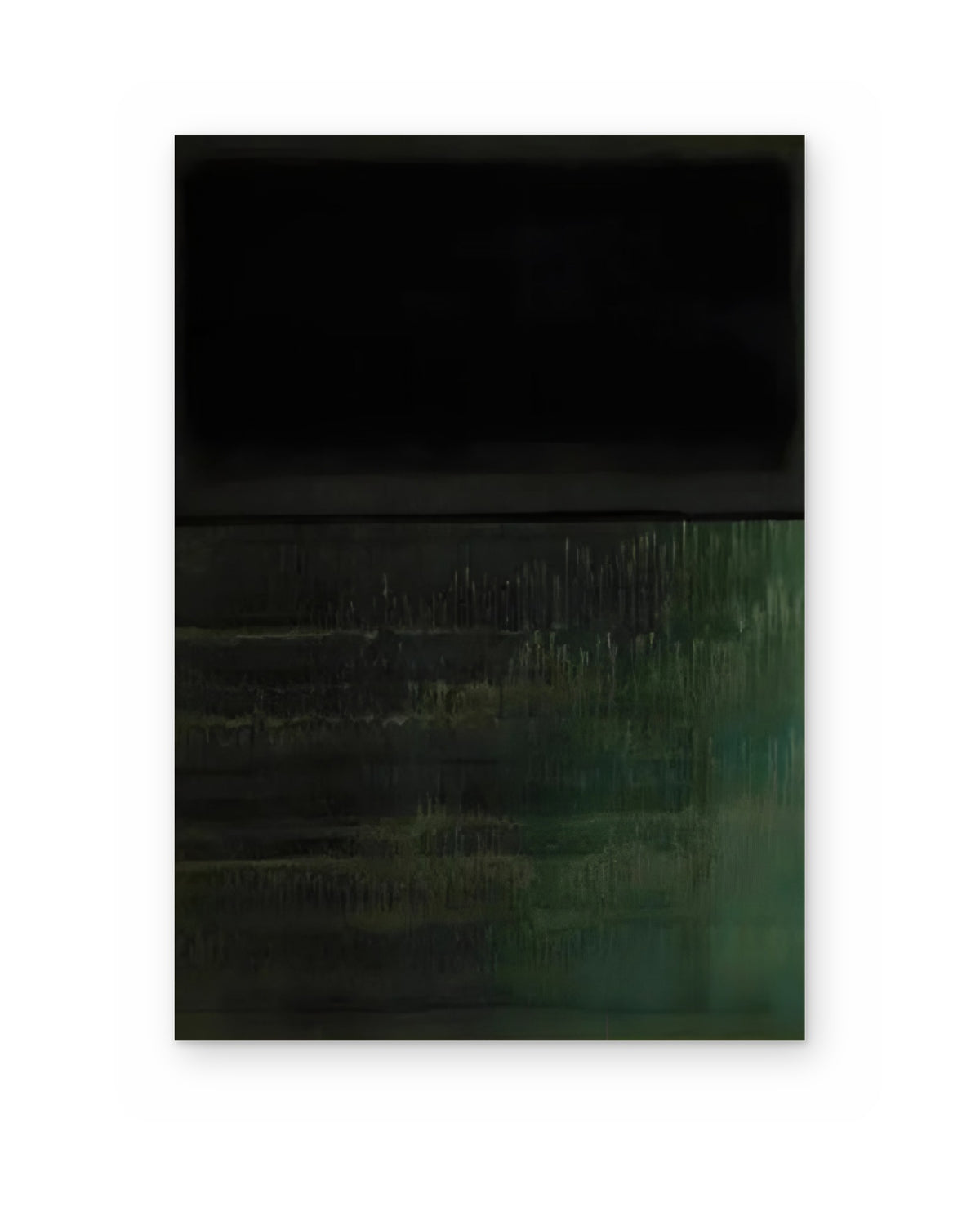 Black over Green, hand-painted abstract painting shown straight on