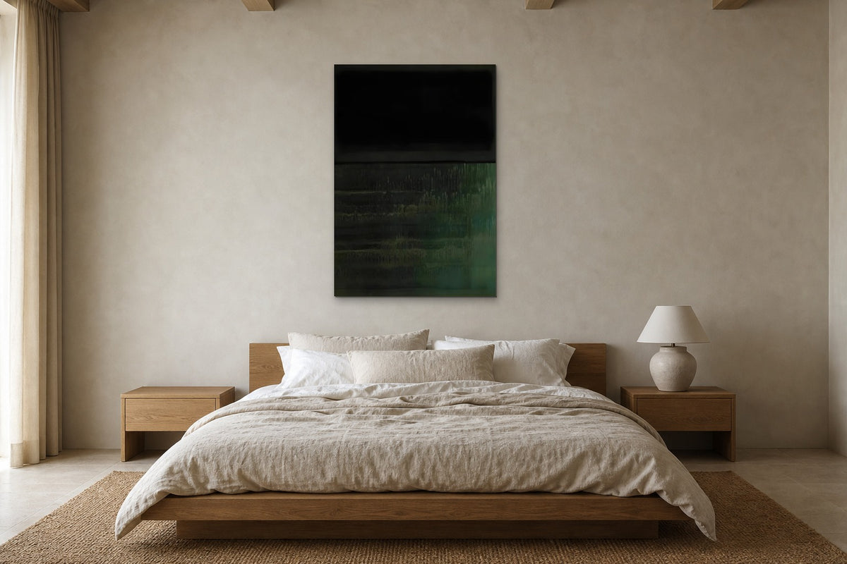 Black over Green shown at 90 × 120 cm above a 180 cm oak bed