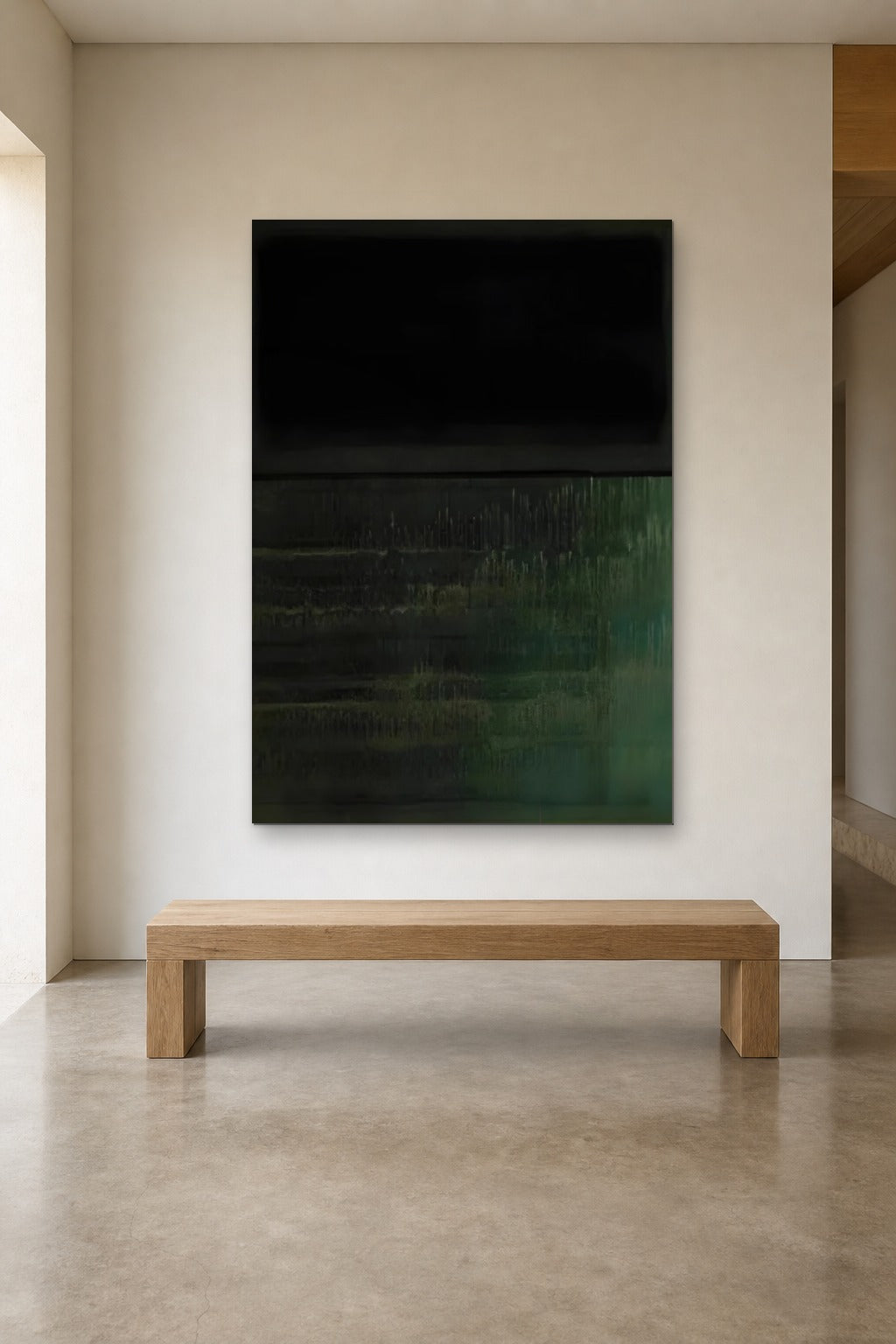 Black over Green shown at 120 × 160 cm above a 180 cm oak bench