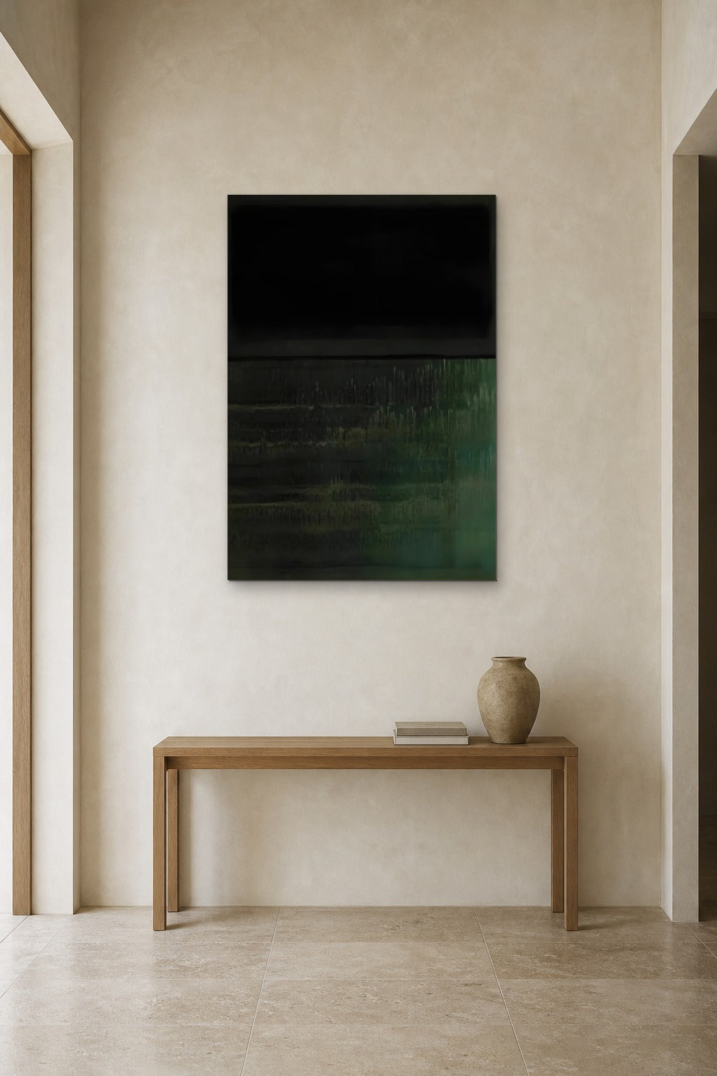 Black over Green shown at 90 × 120 cm above a 140 cm oak console