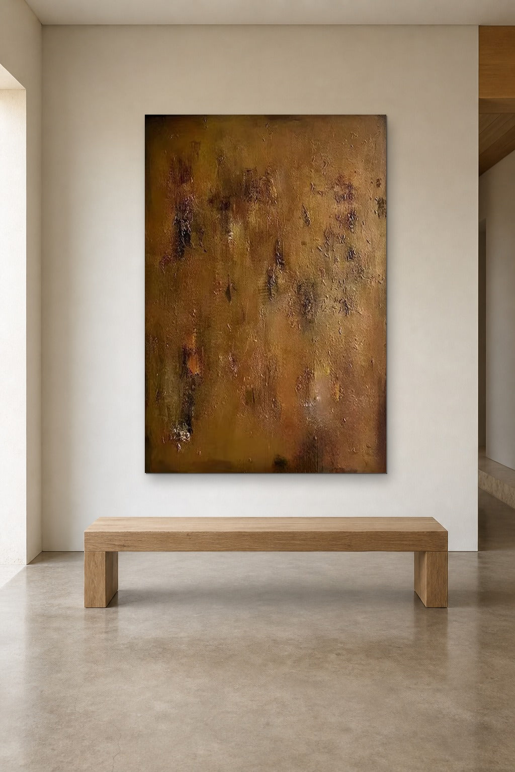 Ochre Patina shown at 120 × 180 cm above a 180 cm oak bench