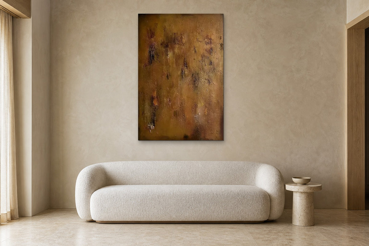 Ochre Patina shown at 90 × 140 cm above a 220 cm boucle sofa