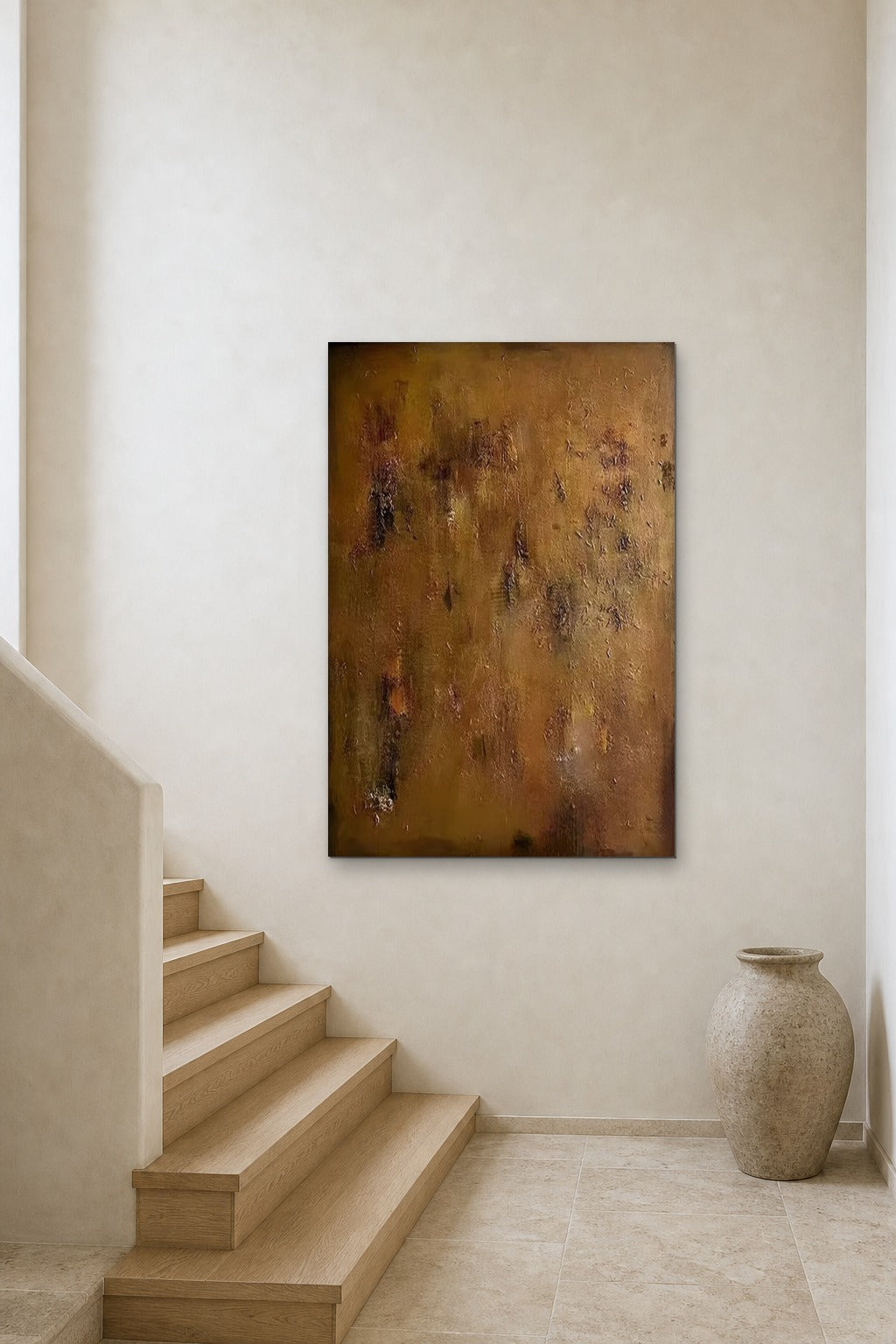 Ochre Patina shown at 90 × 140 cm above a stair landing
