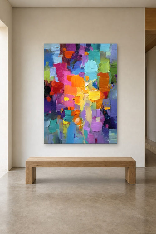 Carnival shown at 120 × 160 cm above a 180 cm oak bench