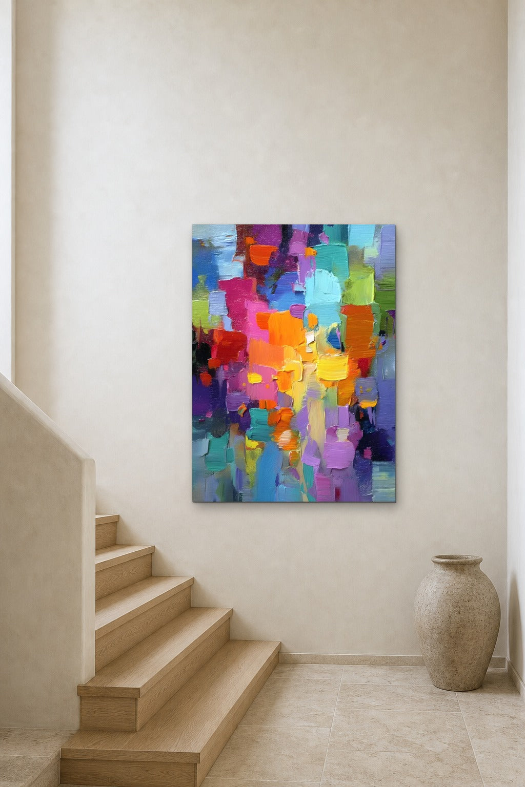 Carnival shown at 90 × 130 cm above a stair landing