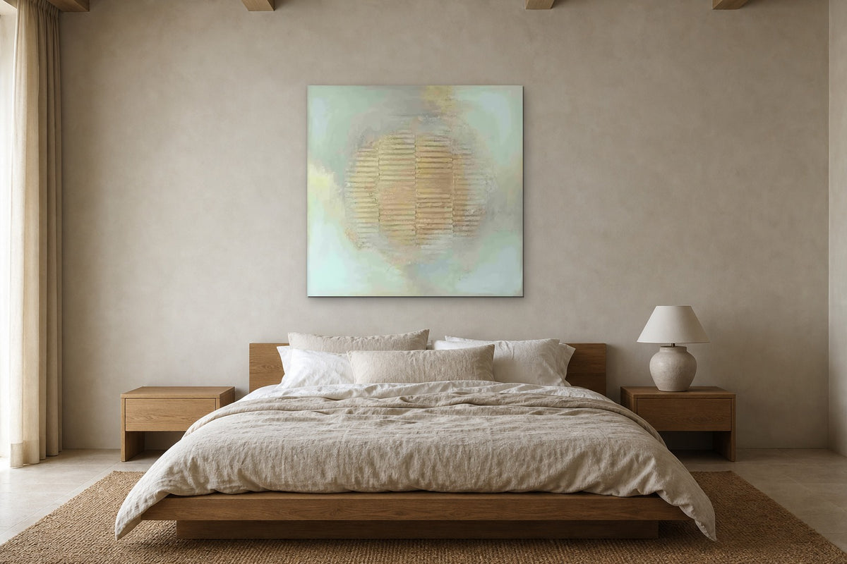 Sun Circle shown at 120 × 120 cm above a 180 cm oak bed