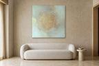 Sun Circle shown at 130 × 130 cm above a 220 cm boucle sofa